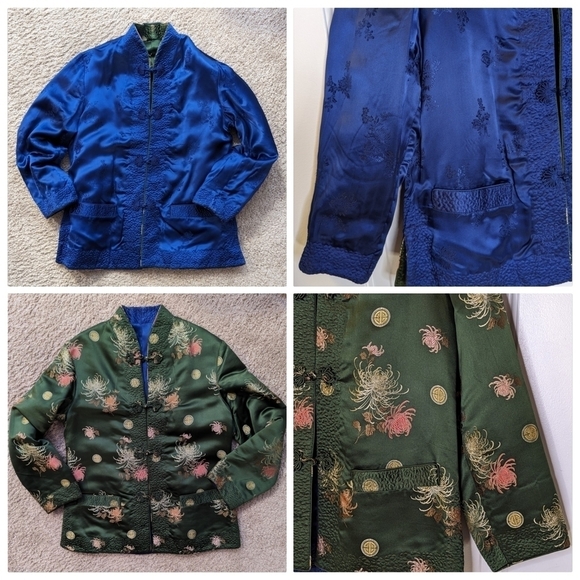 Vintage 70's Reversible Quilted  Embroidered Satin Jacket Blue Green S - Picture 1 of 16